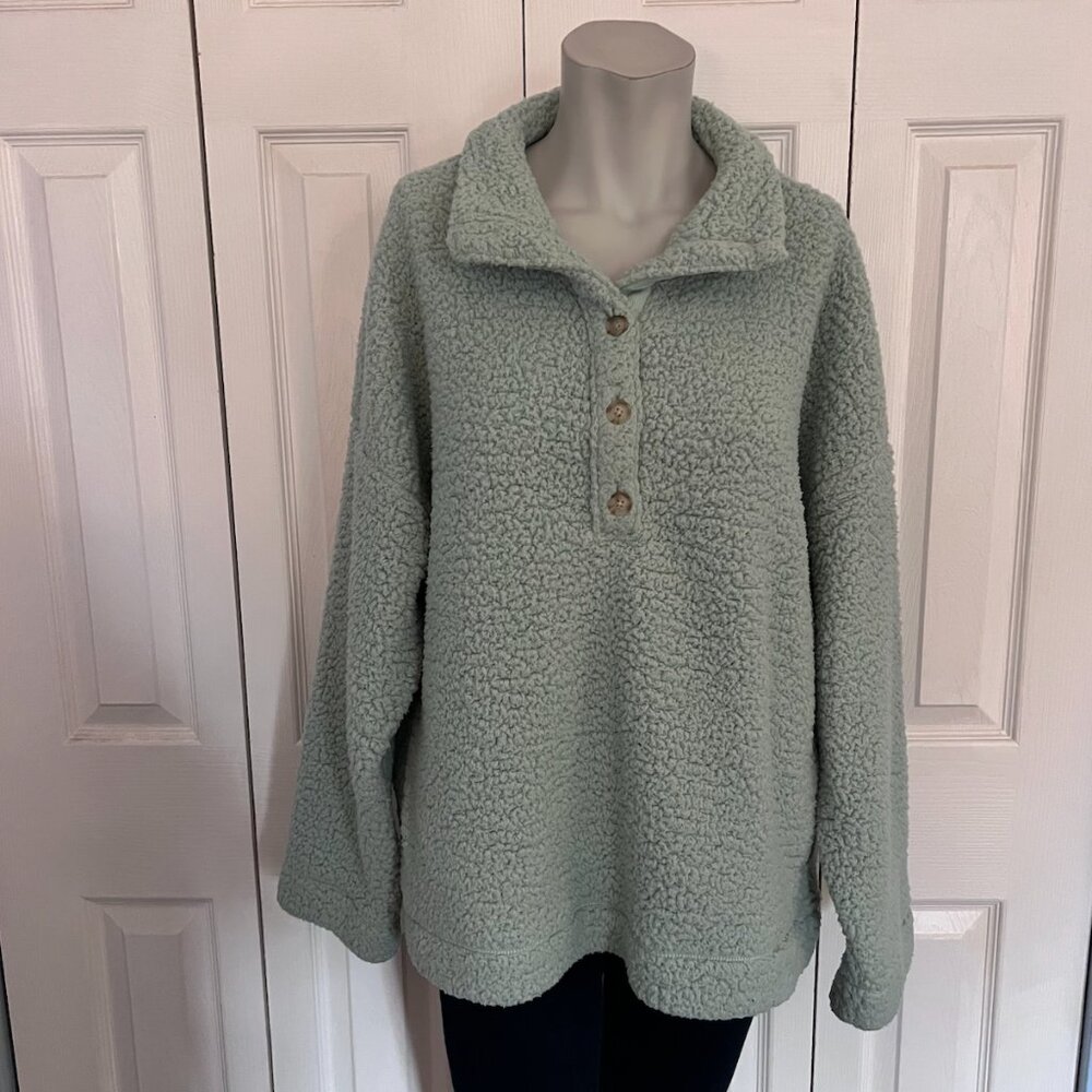 Aerie Green Sherpa Button Pullover Size Medium